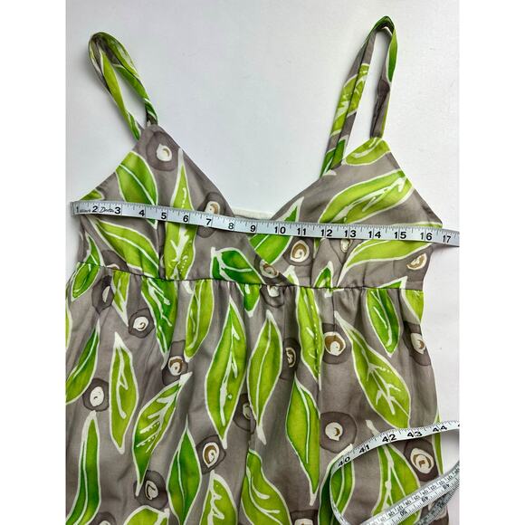 Vince. Size 8 Empire Waist Silk Mini Dress Gray Green Sundress Leaf Leaves Boho - Picture 10 of 11